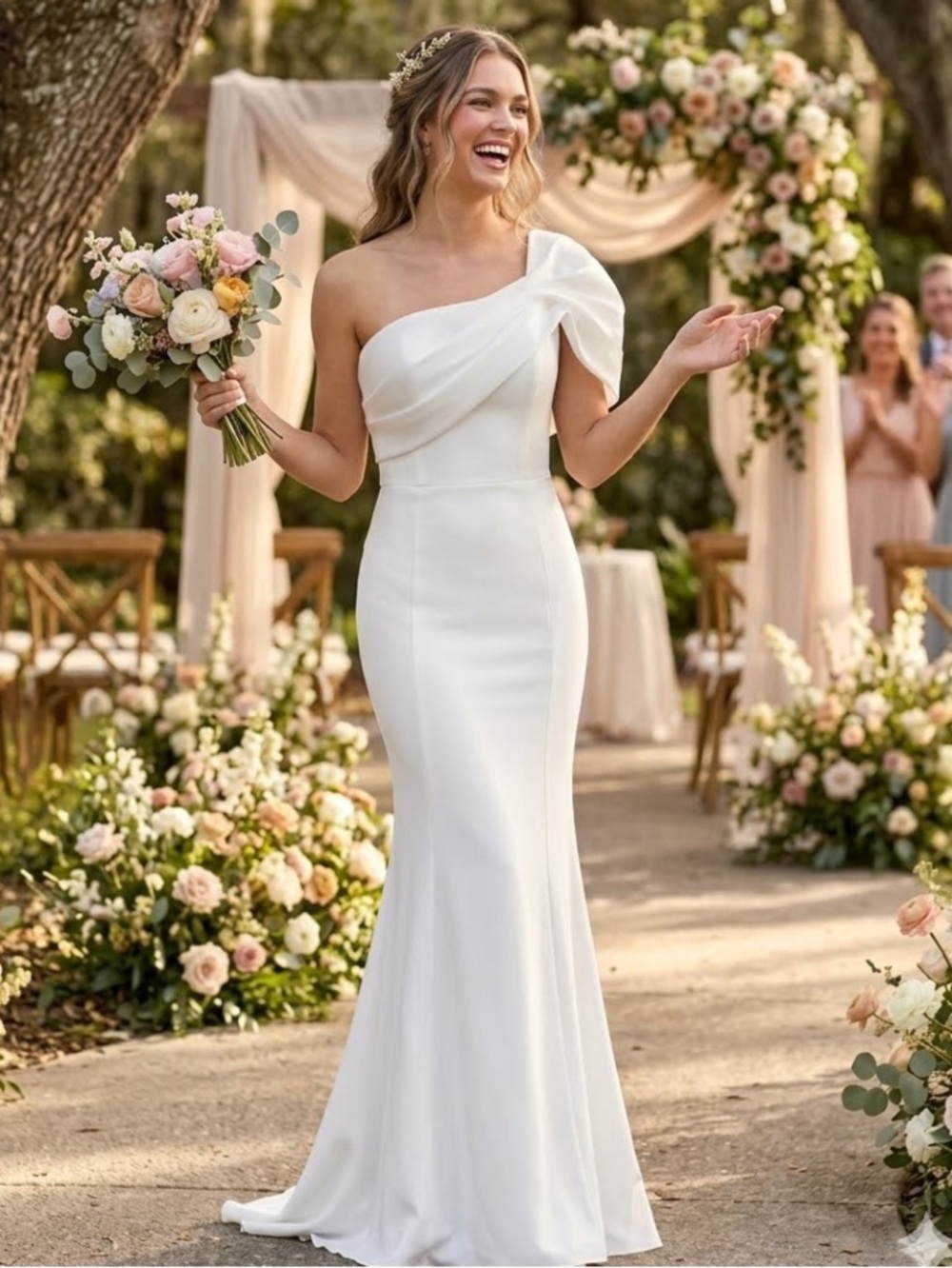 Lulu's Beaumont Elegant One-Shoulder White Evening Gown Sz Medium
